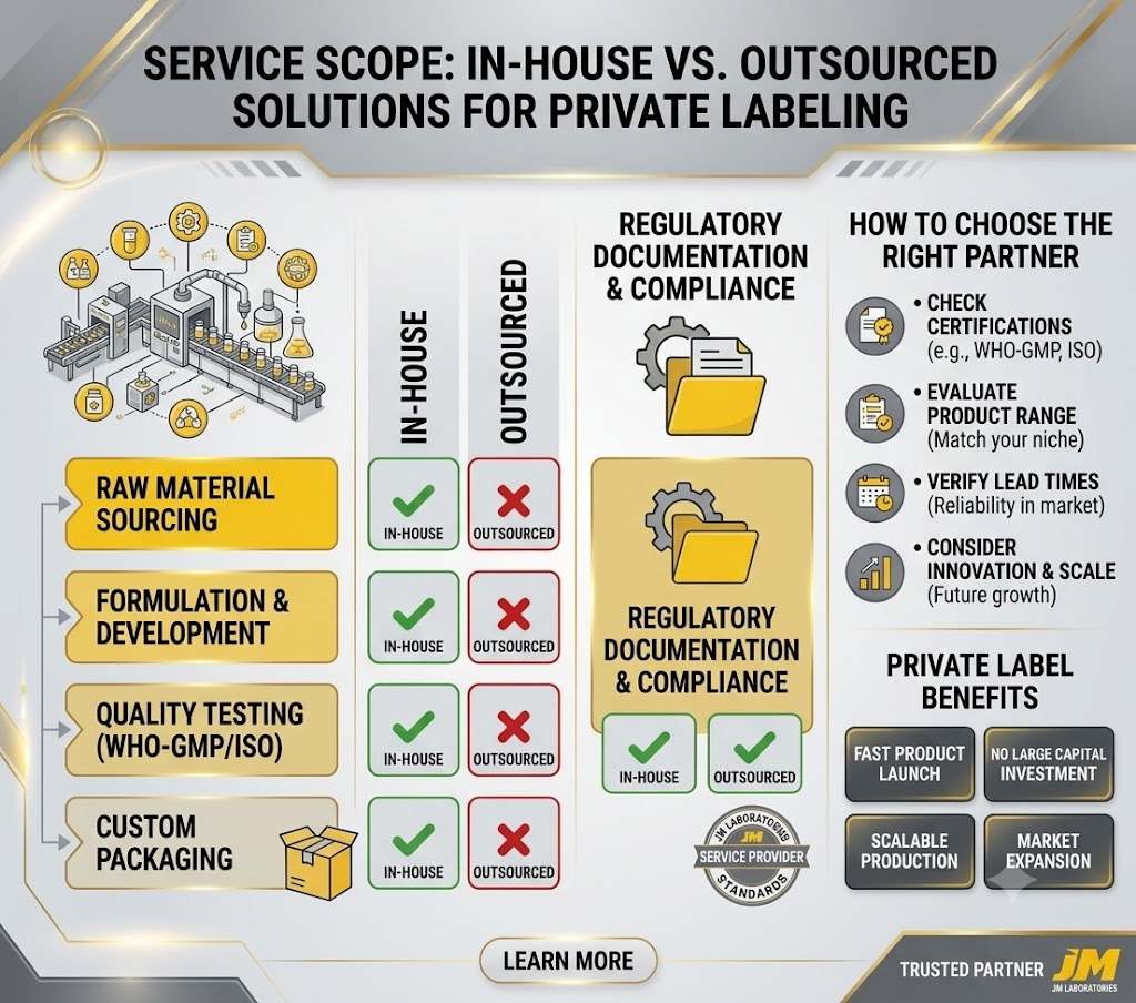 Pharmaceutical Manufacturing Services in India: Contract, Third-Party & CDMO Guide (2026) 2 Service scope diagram comparing in-house vs outsourced pharma manufacturing layers including formulation, QA/QC, and packaging by JM Laboratories.